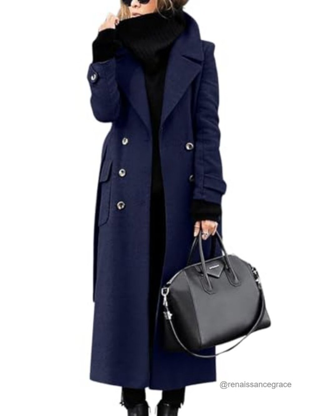 Double Breasted Wool Blend Pea Coat Notched Lapel Belted